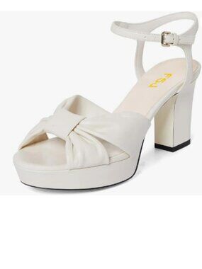 FSJ White Platform Chunky Heels Ankle Strap Sandals Knot Peep Toe Dress Shoes